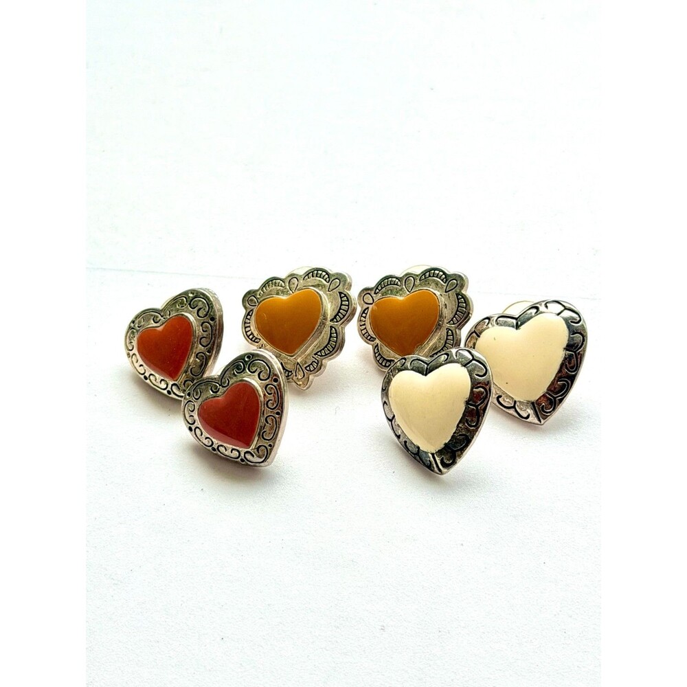 Vintage Silver Tone Enamel Heart Post Stud Earrings Lot Set Cream Yellow Red 3
